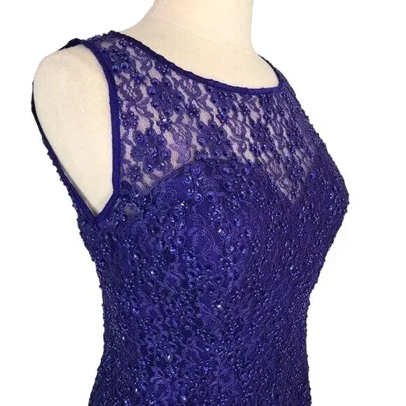 Elegant Evening Sequin Dress Fit Flare Sleeveless Sweetheart Illusion Lace  Large
